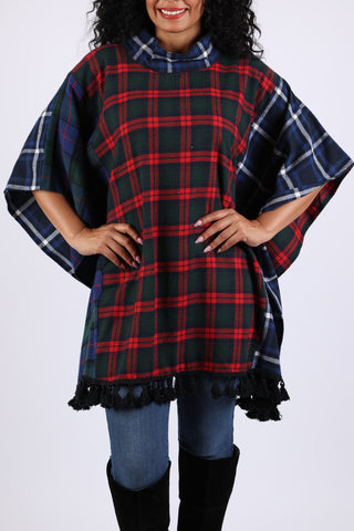 225701 Patchwork Heritage Plaid Poncho: Flannel with Tassels