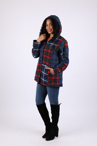 225704 Deep-Toned Plaid Hoodie Jacket: Heritage Flannel Patchwork