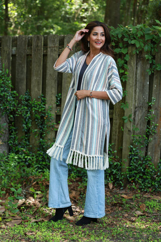225715 Baja Blue Striped Cardigan: 3/4 Sleeve with Tassels