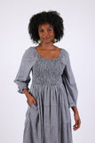 225716 Checkered Tiered Cansai Dress: Black and White with Pockets