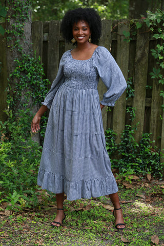 225716 Checkered Tiered Cansai Dress: Black and White with Pockets