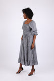 225716 Checkered Tiered Cansai Dress: Black and White with Pockets