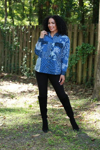 225722 Denim Patchwork Button-Up Shirt: Long Sleeve