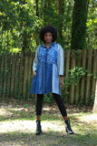 225723 Denim Fall Patchwork Shirt-Dress with Drawstring