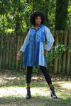 225723 Denim Fall Patchwork Shirt-Dress with Drawstring