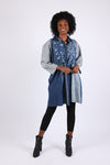 225723 Denim Fall Patchwork Shirt-Dress with Drawstring