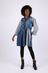 225723 Denim Fall Patchwork Shirt-Dress with Drawstring
