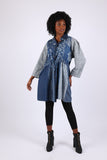 225723 Denim Fall Patchwork Shirt-Dress with Drawstring