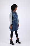 225723 Denim Fall Patchwork Shirt-Dress with Drawstring
