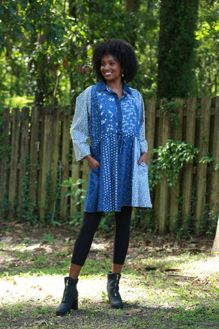 225723 Denim Fall Patchwork Shirt-Dress with Drawstring