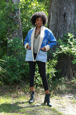 225725 Patchwork Fleeced Denim Jacket: Open Front