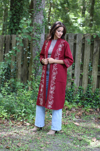 225731 Embroided Wool Red Maroon Jacket (Open Front)