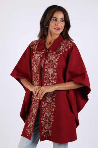225732 Embroided Wool Maroon Red Poncho