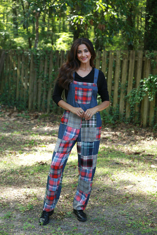 225741 Denim Plaid Patchwork Overall