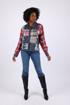 225742 Patchwork Denim Plaid Button-Up Shirt