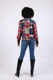 225742 Patchwork Denim Plaid Button-Up Shirt