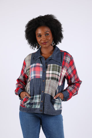 225742 Patchwork Denim Plaid Button-Up Shirt