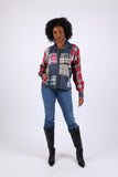 225742 Patchwork Denim Plaid Button-Up Shirt