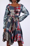 225743 Lace-Up Denim Plaid Patchwork Dress