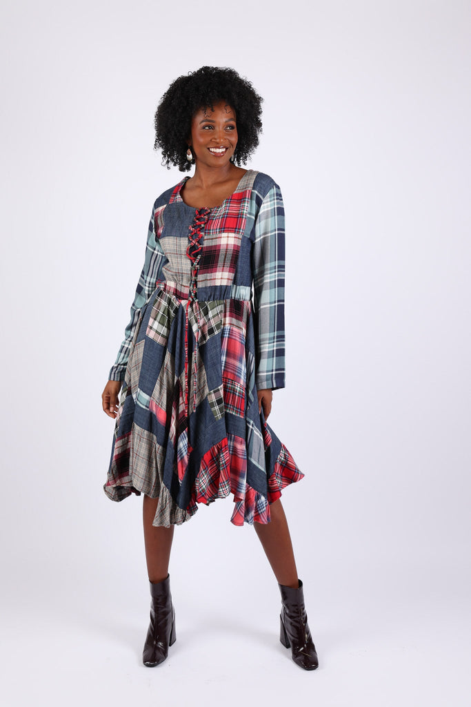 plaid denim dress Kinsey Denim Patchwork Plaid Overall Maxi Dress Oddi Lena Layne
