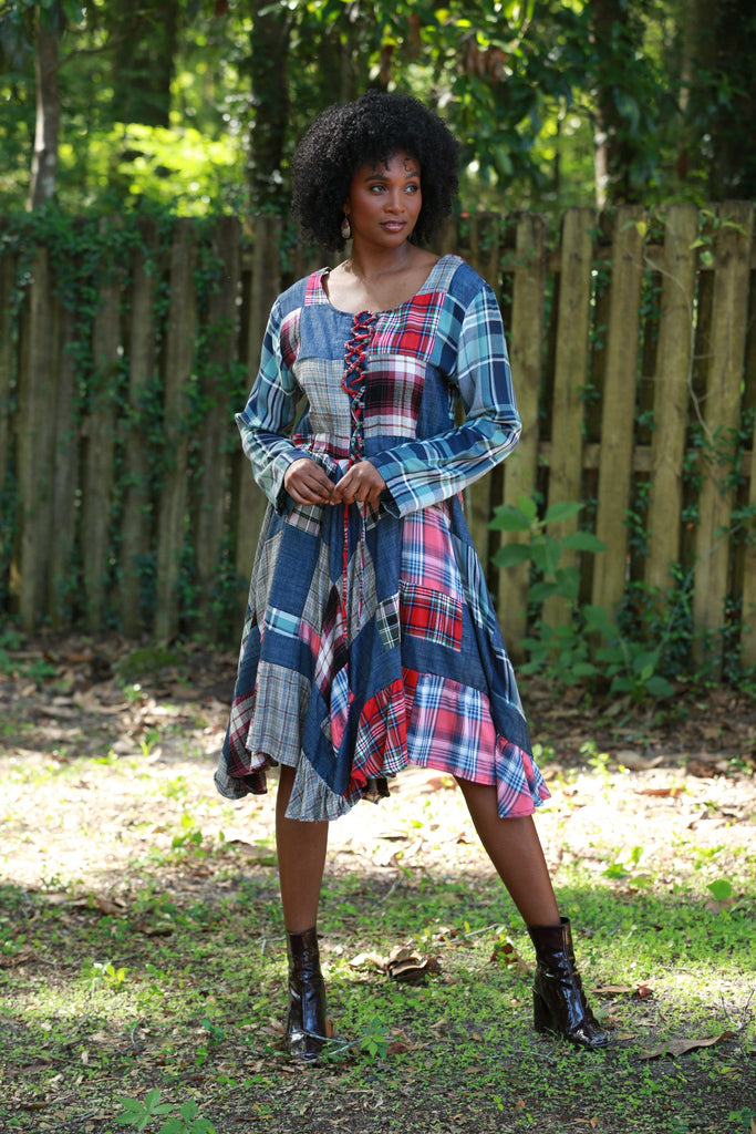 225743 Lace-Up Denim Plaid Patchwork Dress Sacred Threads, Inc 225743 Lace-Up Denim Plaid Patchwork Dress Sacred Threads, Inc