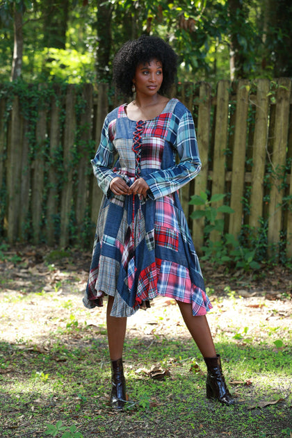 225743 Lace-Up Denim Plaid Patchwork Dress
