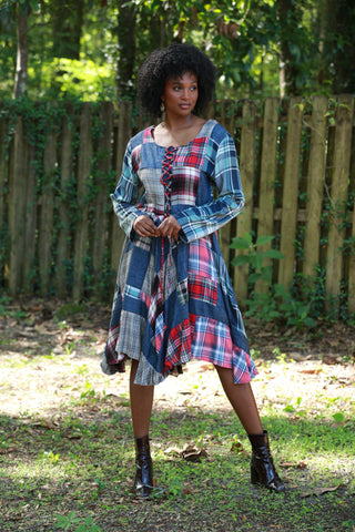 225743 Lace-Up Denim Plaid Patchwork Dress