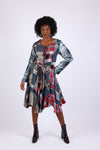 225743 Lace-Up Denim Plaid Patchwork Dress