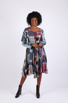225743 Lace-Up Denim Plaid Patchwork Dress