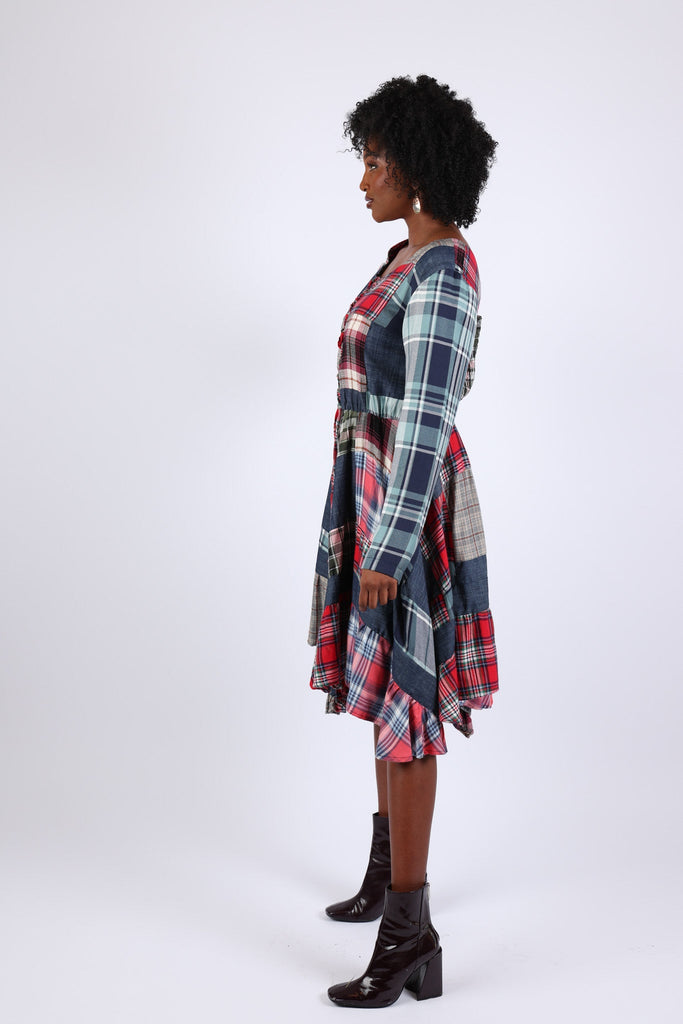 225743 Lace-Up Denim Plaid Patchwork Dress Sacred Threads, Inc 225743 Lace-Up Denim Plaid Patchwork Dress Sacred Threads, Inc