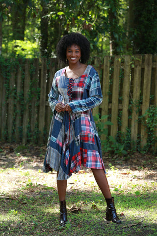 225743 Lace-Up Denim Plaid Patchwork Dress Sacred Threads, Inc 225743 Lace-Up Denim Plaid Patchwork Dress Sacred Threads, Inc