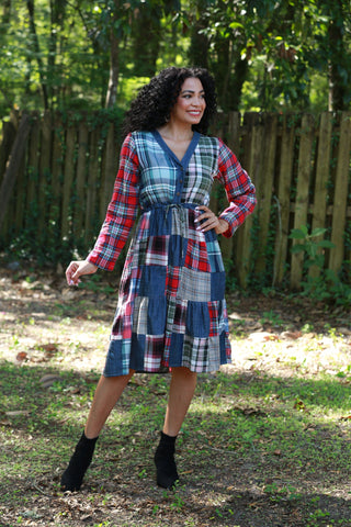 225744 Plaid Denim Patchwork Dress (Country Fair)