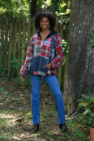225745 Denim Plaid Pullover Hoodie Jacket