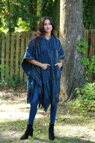 225900 Baja Blue Hippie Poncho: Hooded with Tassels