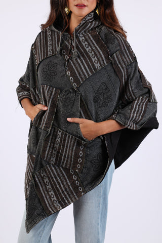 225903 Charcoal Patchwork Poncho: Hippie Style in Baja Prints