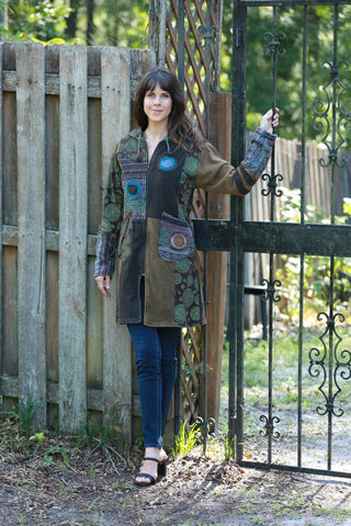225911 Olive Green & Black Hippie Jacket: Bohemian Patchwork