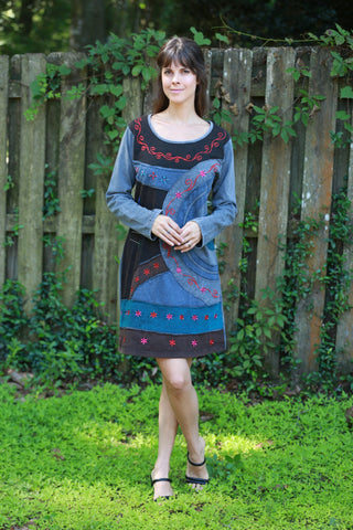 225915 Fall Hippie Dress: Long-Sleeve with Embroidery