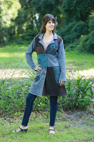 225917 Hippie Boho Coat: Ash Blue Patchwork with Embroidery