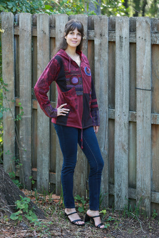 225918 Ruby Maroon Hippie Jacket: Bohemian Patchwork