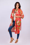 226004 Red Floral Cotton Kimono Robe with Belt