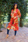 226004 Red Floral Cotton Kimono Robe with Belt