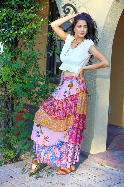 226025 Rose Meadow Floral Patchwork Ruffle Skirt