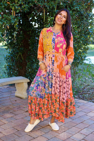 226030 3/4 Sleeve Shirt Dress: Rose Meadow Patchwork – Sacred Threads, Inc