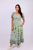 226073 Puff Sleeve Smocked Maxi Dress: Mint Patchwork