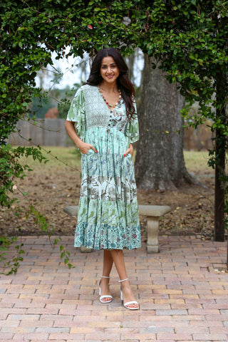 mint boho dress Floral Mint Green Boho Wrap Dress, Bohemian Midi Dress, Festival Dress Women, Ibiza Dress, Summer Wrap Dress, Bohemian Clothing