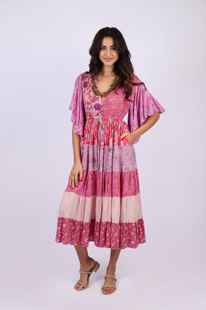 226096 Flutter Sleeve Boho Patchwork Dress: Pink Flora Aura