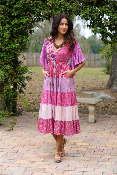 226096 XXL Flutter Sleeve Boho Patchwork Dress: Pink Flora Aura
