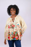 226101 Ivory Garden Floral Peasant Top in Cotton Schiffli