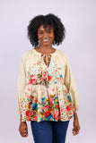 226101 Ivory Garden Floral Peasant Top in Cotton Schiffli