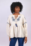 226128 Emroidered Boho Peasant Top (Natural Linen Feel)